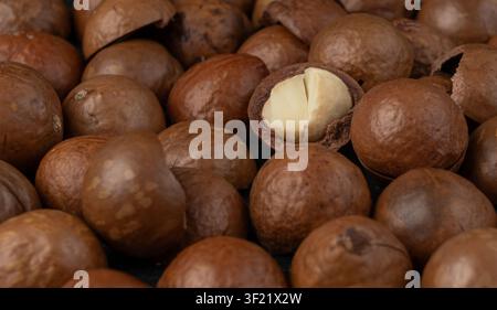 Macadamia nuts close up pattern. Natural raw peeled macadamia seeds and shells background, the hardest and most expensive nuts in the world bg Stock Photo