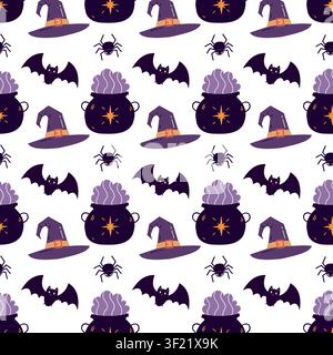 Cute Halloween seamless pattern featuring hand-drawn illustrations of purple witch hats, boiling cauldrons, spooky bats, and little spiders on a white Stock Vector