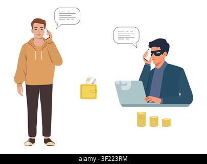Phone scam concept showing man on phone with masked hacker at laptop, speech bubbles, and wallet vector Stock Vector