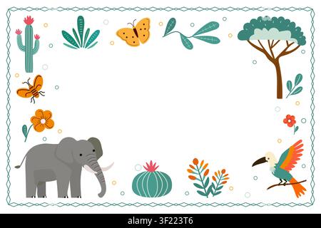 Jungle-themed border frame with elephant, toucan, plants, and insects for nature background vector Stock Vector