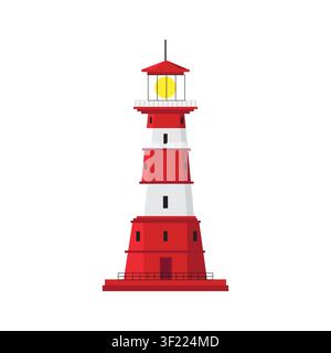 Red and white striped lighthouse, flat vector illustration Stock Vector