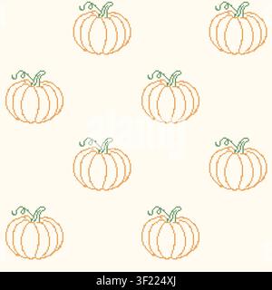 Autumn pumpkin cross stitch embroidery seamless pattern. Vintage pixelated needlework repeating background with handmade orange squash vector Stock Vector