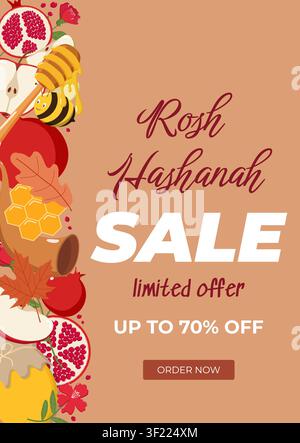 Rosh Hashanah sale poster with honey, apples, pomegranates, bees, and autumn leaves on warm tan background Stock Vector