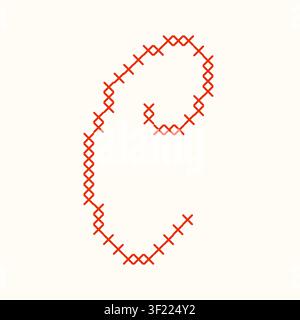 Red cross stitch letter C script typography isolated on white background. A textured cursive embroidery needlework letter for monograms, nursery decor Stock Vector