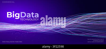 Big data technology, AI analytics, neon information streams. Futuristic workflows connect teams, tools, stakeholders for commercial presentations Stock Vector