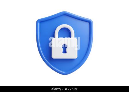 3d rendering of a blue shield with a white lock icon, showcasing a pearl-like glossy surface. This visual represents secure data and protected informa Stock Photo