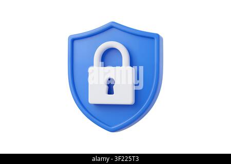 3d rendering of a blue shield with a white padlock icon, featuring a rubber-like smooth texture. This icon represents safety and controlled access, is Stock Photo