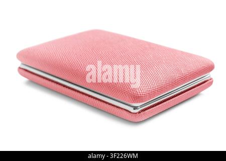 Pink artificial leather wallet lying isolated on white background Stock Photo