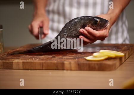 Chef preparing raw sea bream for cooking Stock Photo