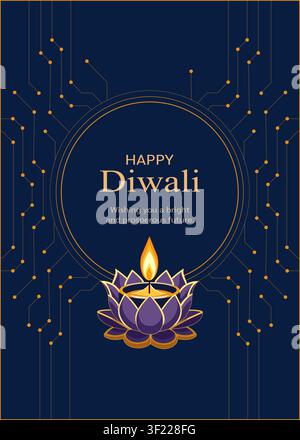 Modern Diwali greeting card design featuring a glowing lotus diya, elegant circular frame, luxury navy background, and futuristic technology circuit b Stock Vector