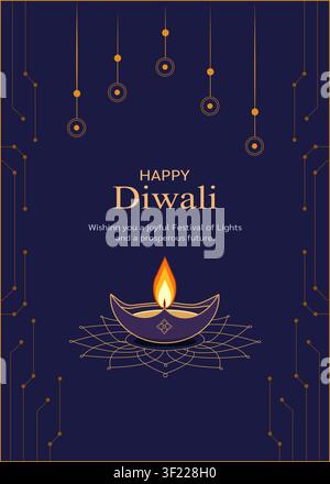 Happy Diwali greeting card featuring a traditional diya lamp with modern technology circuit border, elegant luxury festival of lights background, edit Stock Vector