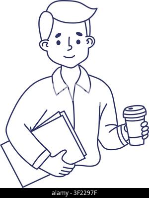 Cute Businessman Holding Folder and Coffee Cup. Line Art. Young Male Office Worker, Student or Manager Character. Outline Hand Drawn. Vector Illustrat Stock Vector