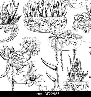 Tile repeat of succulents, strelitzia flowers and draping foliage in glazed pots and desert gardens. Seamless pattern hand drawn in vector ink Stock Vector