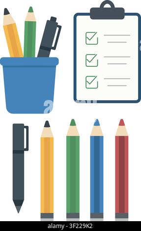 Study Supplies Set with Pencils, Pens and Note Papers Stock Vector