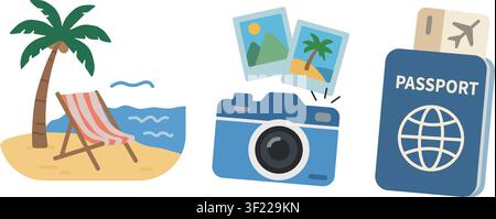 Vacation and Travel Icon Set with Beach, Camera and Passport Stock Vector