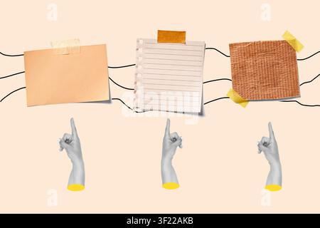 Collage of three woman hand pointing pieces of papers united by lines on a pink background Stock Photo