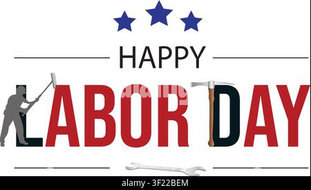 Happy Labor Day Typography with Construction Helmet, Hammer and American Patriotic Vector Design Stock Vector