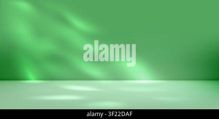 Green lit stage bg with abstract sun rays pattern in limbo studio. Dark gradient podium with shadow cast by textured plant on wall. Vector natural Stock Vector
