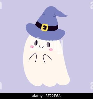 Cute floating ghost wearing witch hat vector illustration. Funny tilting white phantom character with pink cheeks on purple background. Playful halloween mascot icon for autumn holiday decor, stickers Stock Vector