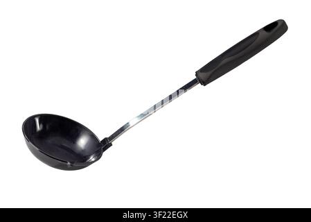 Modern kitchen ladle made of black heat-resistant nylon with a durable stainless steel shaft and ergonomic plastic handle isolated on  white with clip Stock Photo