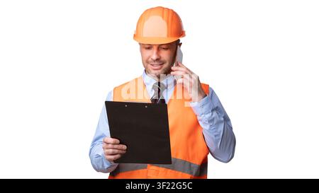 Builder Worker In Hardhat Talking On Cellphone Over White Background Stock Photo