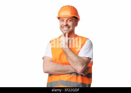Happy Builder Smiling To Camera Posing Standing On White Background Stock Photo
