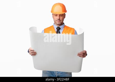 Building Engineer Man Holding House Plan Over White Background, Studio Stock Photo