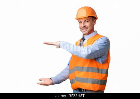 Cheerful Worker Holding Invisible Building Gesturing With Hands, White Background Stock Photo