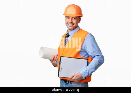 Architect Holding Building Plan Papers Standing On White Background Stock Photo