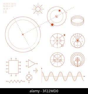 Scientific orbital diagrams with electronic circuits, waveforms and engineering graphics Stock Vector