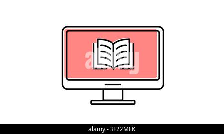 Desktop computer with e-book icon: PC workstation displaying digital open book symbol on screen, modern offset color line art vector illustration for Stock Vector