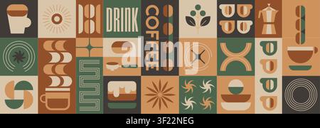 Abstract geometric coffee pattern with beans, hot drink cups, plants with leaves, bauhaus simple shapes elements. Vector minimalist seamless background, design template for cafe cover, menu, packaging Stock Vector