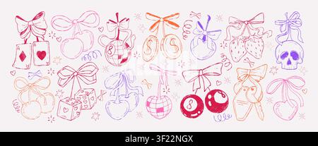 Hand drawn crayon red cherry fruits. Doodle chalk pencil coquette cherries with bow, ribbon, disco and bowling balls, hearts, coins, playing cards and key icons. Gambling elements with sketch texture Stock Vector