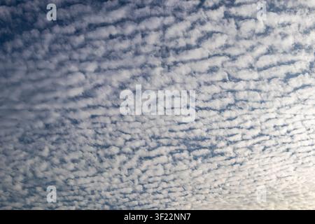 Mackerel sky pattern with rippled cloud formation across blue background Stock Photo
