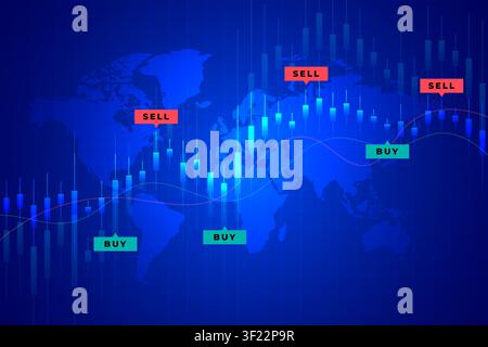 Global financial trading concept showing candlestick charts, price lines and buy or sell signals over a world map background. Stock Vector