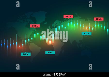 Colorful global candlestick chart over a world map showing buy and sell signals, market trends and volatility for stock trading, forex and finance Stock Vector