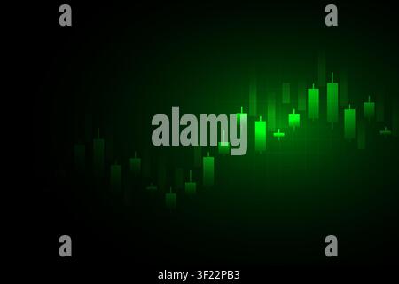 Glowing green candlestick chart illustrating a bullish uptrend on a dark background, symbolizing stock market gains, trading activity, investment Stock Vector