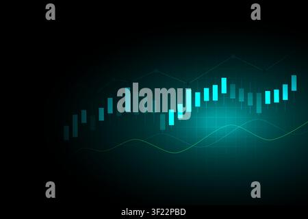 Neon teal candlestick chart with overlaying line graphs on a dark background illustrating market growth, trading activity, investment trends and data Stock Vector
