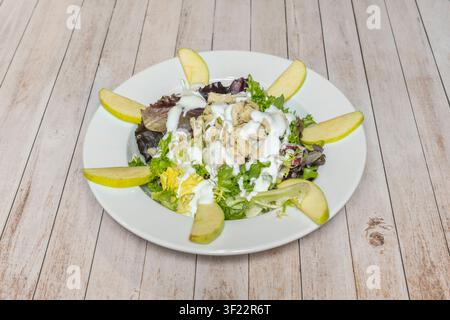 Mixed green salad with chicken and creamy dressing, garnished with green apple slices arranged around a white plate on a light wooden table. Stock Photo