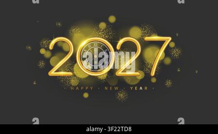 2027 Realistic Sparkler numbers, Vintage clock, and falling glitter. Vector illustration in 3D style. Stock Vector
