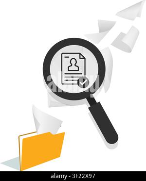 An isometric illustration of an open yellow document folder with white blank papers flying out up into the air. Stock Vector