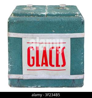 Authentic vintage cooling box with the French text for "ice cream" isolated on a white background Stock Photo