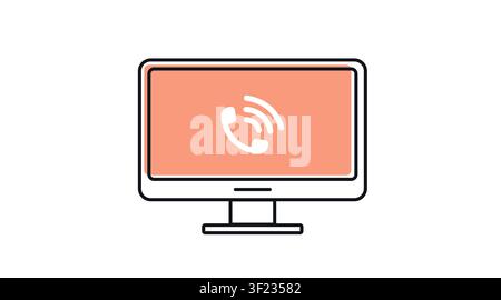 Desktop computer phone call icon: PC workstation displaying telephone handset symbol on screen, modern offset color line art vector illustration for c Stock Vector