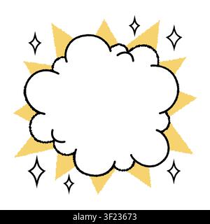 Comic starburst frame speech bubble with cloud shape over yellow burst and sparkle accents. Outline speech bubble for stickers, greeting cards or Stock Vector