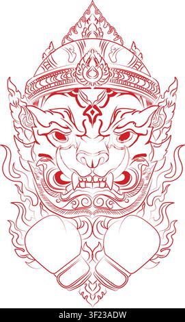 Traditional Thai giant guardian wearing Muay Thai boxing gloves. Red line art vector illustration isolated on white background. Hand-drawn Vector Stock Vector