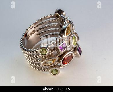 Vintage sterling silver multi-stone statement ring. Stock Photo