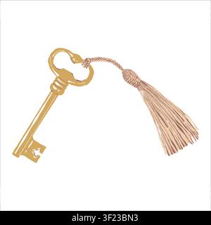Vintage gold key with a tassel. Flat-style vector illustration. Retro accessory. Key clipart isolated on a white background.  Stock Vector