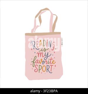 Tote bag with lettering: Reading is my favorite sport. Vector illustration of a book-themed accessory. Shopping bag. Flat-style color clipart. Stock Vector