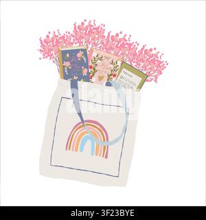 Tote bag with books and flowers. Vector illustration of a book-themed accessory. Book shopping bag. Colorful clipart in a flat, girly style. Stock Vector