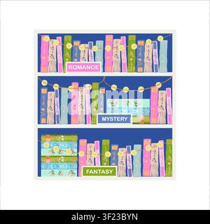 Bookcase with a garland. Multicolored book spines. Bookshelves. Flat-style vector illustration. Girly-style book clipart collection. Hand-drawn book-themed image. Home Library Stock Vector